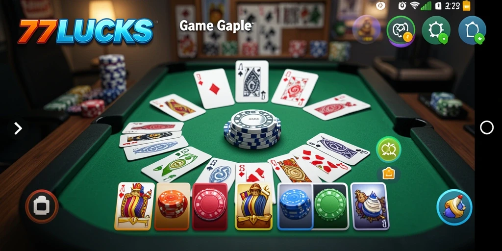 Tampilan utama gameplay seru 77LUCKS dalam permainan Gaple.