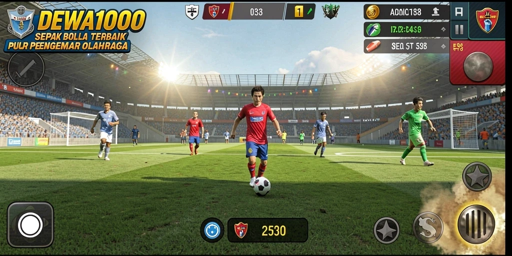 Screenshot DEWA1000 menampilkan aksi seru di lapangan sepak bola.