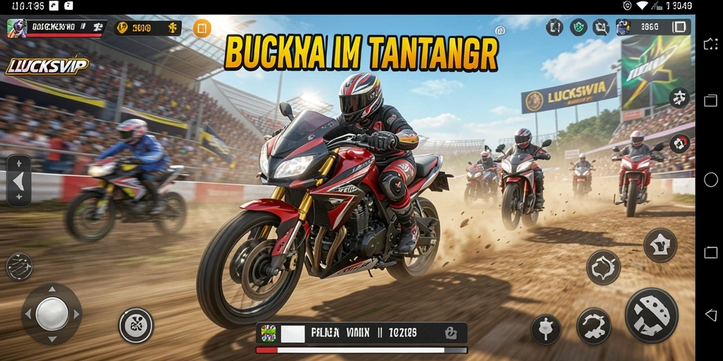 Screenshot gameplay LUCKSVIP menampilkan balapan motor yang mendebarkan.