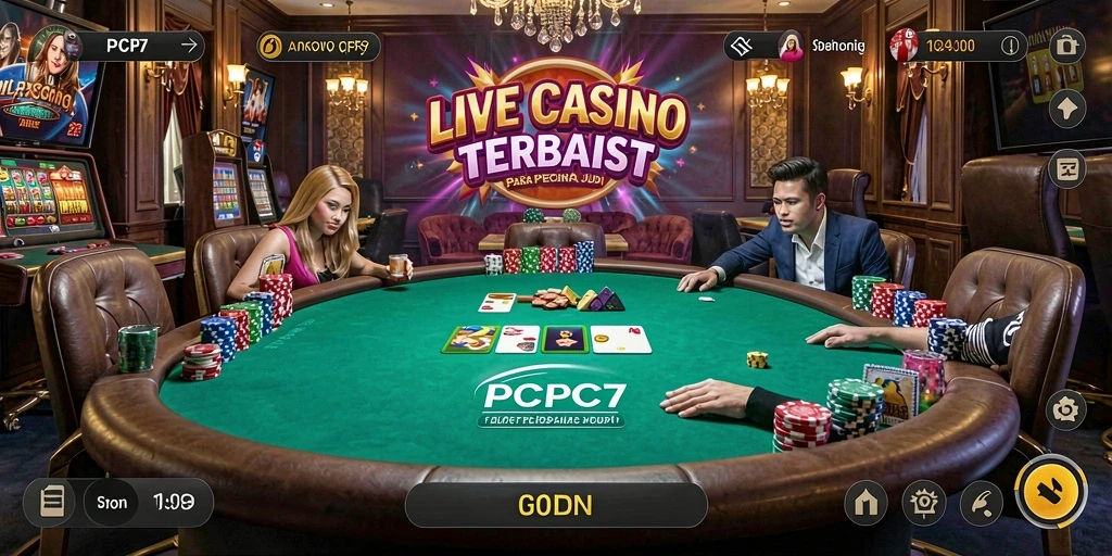 Tampilan screenshot PCPC7 menampilkan dealer profesional dan suasana permainan yang seru.